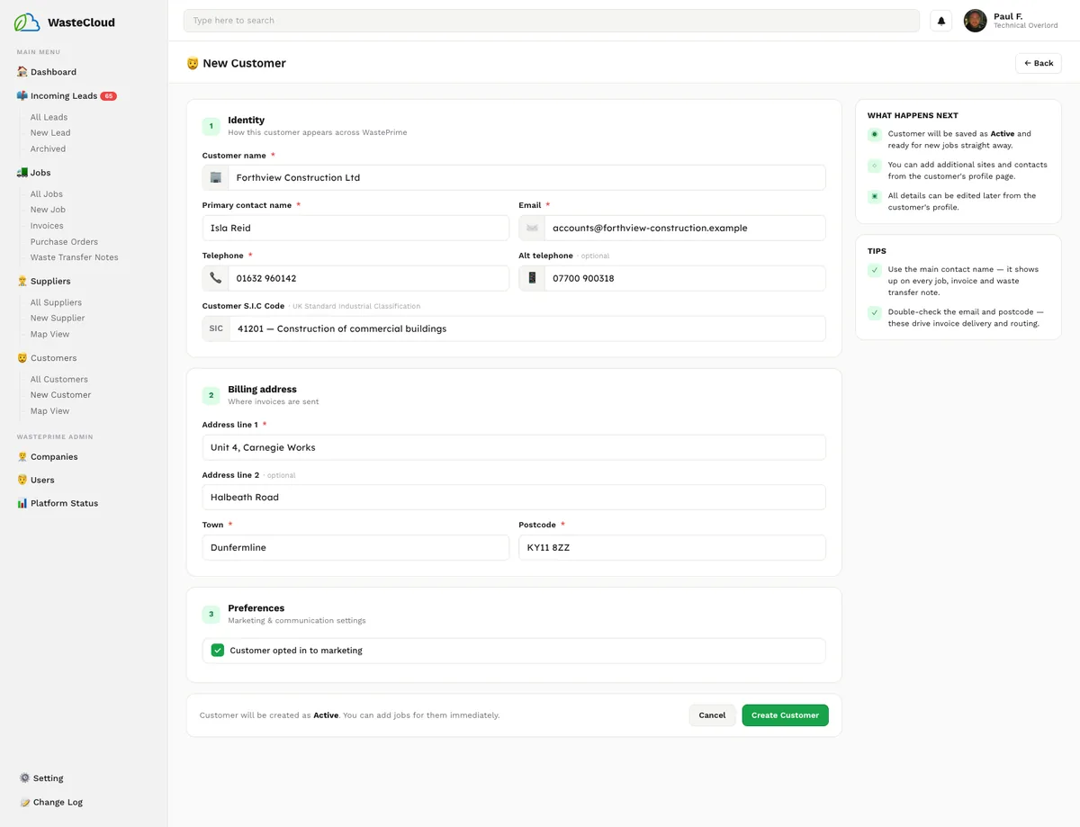 WastePrime new customer form