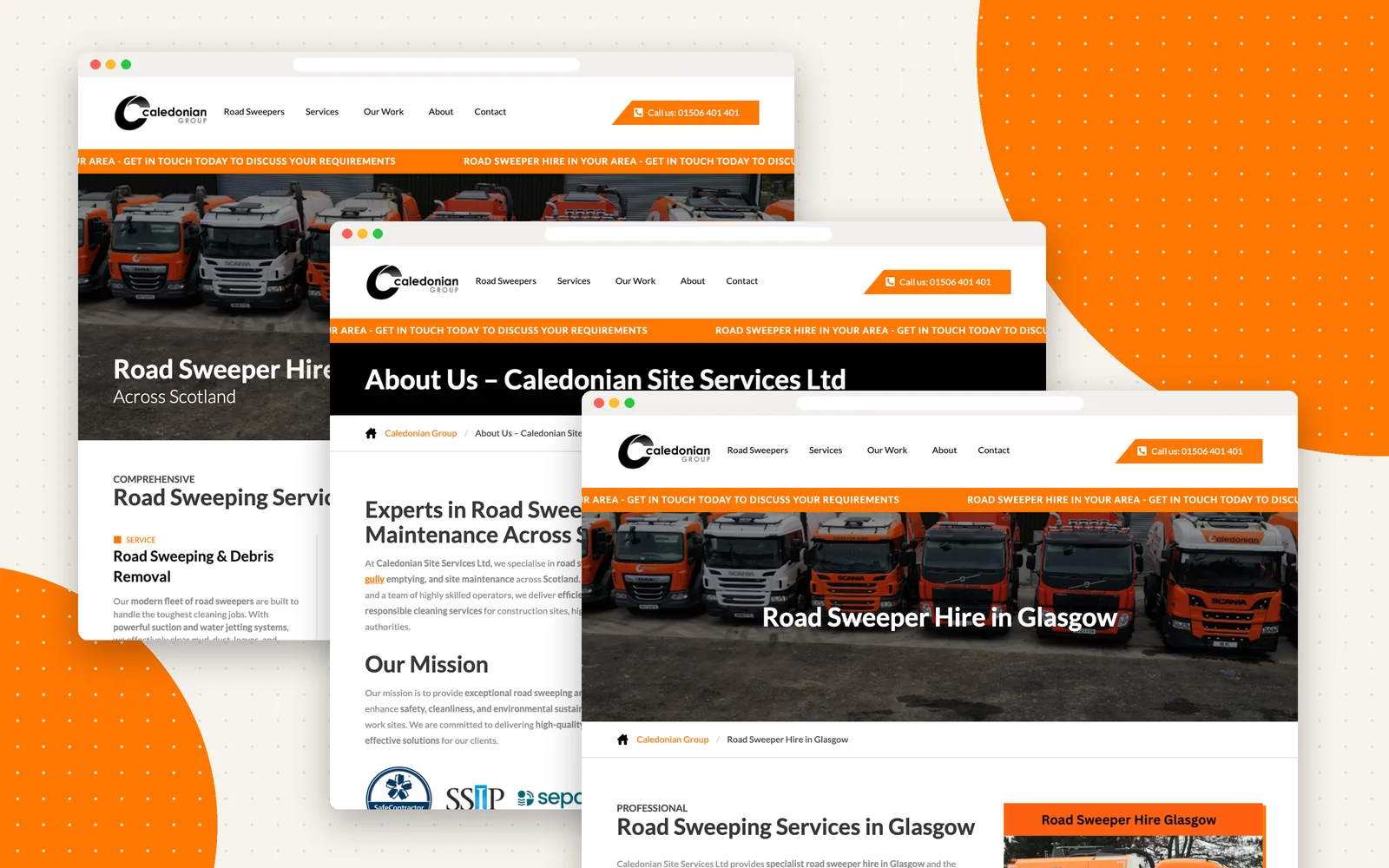 Caledonian road sweeper hire website - homepage, about and Glasgow location pages
