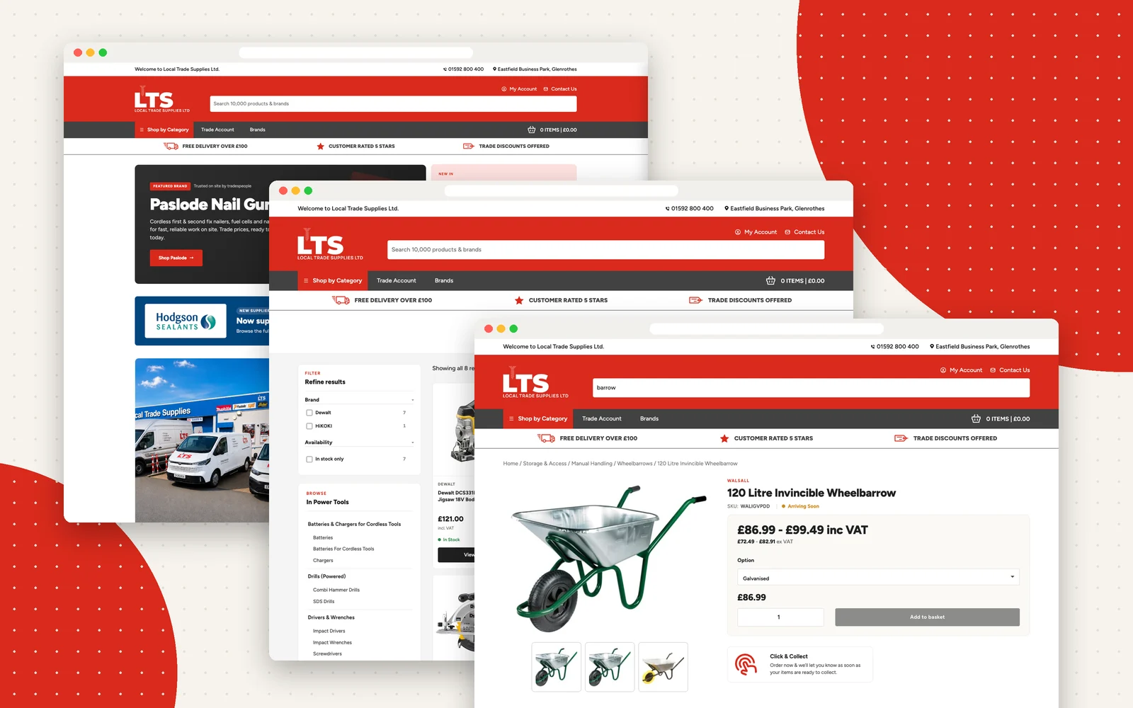 Local Trade Supplies website - homepage, category and product pages