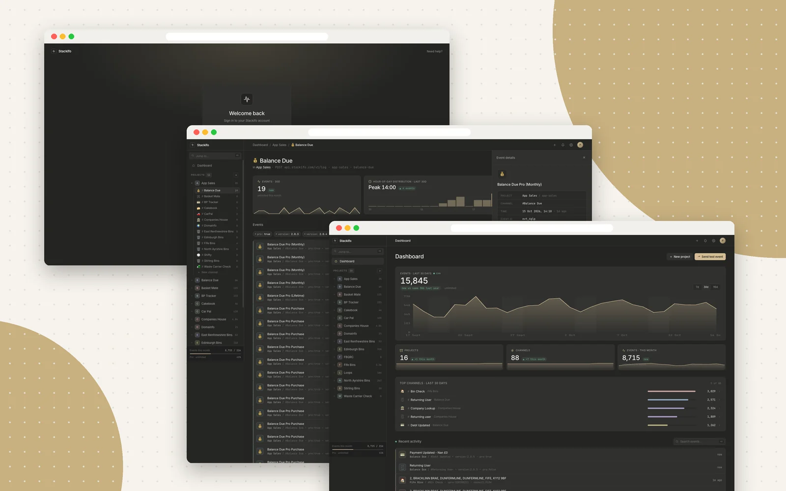 Stackifo - dashboard, channel events and sign-in screens